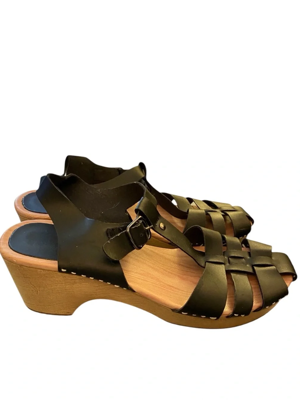Black Leather Ankle-Strap Clog Sandals Size7